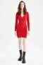 Фото #2 товара Wrap Yaka Kırmızı Uzun Kollu Mini Elbise