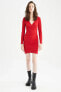 Wrap Yaka Kırmızı Uzun Kollu Mini Elbise
