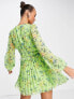 Фото #2 товара ASOS DESIGN button through ruched waist pleated mini dress in green floral print