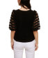 Ribbed Knit Top With Ruffle Mesh Puff Sleeve