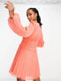 Фото #3 товара ASOS DESIGN Petite button through ruched waist pleated mini dress in metallic dobby in coral