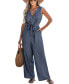 Фото #1 товара Women's Front Button Tie-Waist Wide Leg Jumpsuit