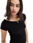 Stradivarius short sleeve top with sweetheart neck in black Черный, S - фото #3