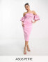 Фото #2 товара ASOS DESIGN Petite bardot puff sleeve midi dress with floral sequin embellishment in pink
