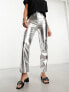 New Look faux leather straight leg trousers in silver