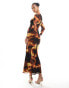 Flounce London plunge front mesh maxi dress with twist font in brown print