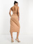 ASOS DESIGN cupped bandeau manipulated pleat midi pencil dress in caramel