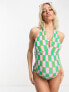 Vero Moda Maternity halterneck swimsuit in green and pink checkerboard