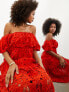 ASOS EDITION blouson off shoulder tiered broderie midi dress in tomato red