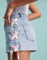 Miss Selfridge satin contrast lace up bow detail denim short in mid blue wash