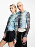 COLLUSION Unisex mesh blur printed long sleeve in top in blue