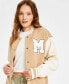 Фото #3 товара Juniors' Faux-Leather-Sleeve Snap-Front Varsity Bomber Jacket