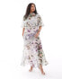 Фото #1 товара ASOS DESIGN Curve high neck 3/4 sleeve split midi dress in lilac floral print