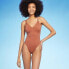 Фото #1 товара Women's Tunneled Plunge One Piece Swimsuit - Shade & Shore Brown S