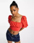 ASOS DESIGN broderie sleeve milkmaid top in red Красный, 34 - фото #3