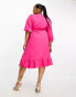 ONLY Curve puff sleeve wrap midi dress in bright pink