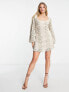 ASOS DESIGN embellished crochet milkmaid mini dress with blouson sleeve in stone