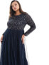 Фото #2 товара Maya Plus Bridesmaid long sleeve maxi tulle dress with tonal delicate sequin in navy