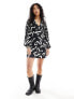 Wednesday's Girl deep v swirl print mini dress in black and white