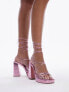 Topshop Eve heeled platform with ankle tie in pink metallic