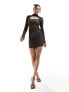 Фото #1 товара ASOS DESIGN grid mesh long sleeve mini dress with keyhole collar in black