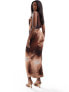 ASOS DESIGN plunge neck asymmetric draped mesh midi dress in brown abstract print