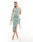 AX Paris slinky ruched corsage ruffle trim one shoulder midaxi dress in sage green Entenei, 34 - фото #1