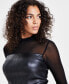 ფოტო #2 პროდუქტის Women's Faux-Leather Mesh-Trim Long-Sleeve Top, Created for Macy's