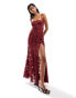 ASOS DESIGN jacquard double strap maxi dress with hook and eye split in burgundy