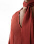 Фото #6 товара ASOS DESIGN relaxed deep v neck shirt with attached tie neck in rust