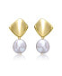 Sterling Silver 14k Yellow Gold Plated with White Coin Freshwater Pearl Drop Double Dangle Geometric Earrings