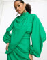 Фото #4 товара ASOS DESIGN drape shoulder balloon sleeve maxi dress in washed twill in pop green