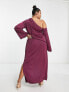 Фото #4 товара ASOS DESIGN Curve off shoulder satin maxi dress with drape detail in wine