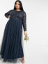 Maya Plus Bridesmaid long sleeve maxi tulle dress with tonal delicate sequin in navy