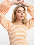 Monki long sleeve midi dress with ruffled hem in orange gingham