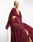 ASOS DESIGN burnout v neck batwing midi dress with button through detail in burgundy