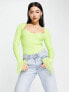 ASOS DESIGN knitted top with sweetheart neck and faux feather trims in lime yellow