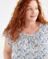 ფოტო #3 პროდუქტის Plus Size Cotton Printed Square-Neck Flutter-Sleeve Top, Created for Macy's