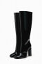 Faux patent finish high-heel boots