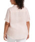 ფოტო #2 პროდუქტის Plus Size Stripe Split Neck Linen Short Sleeve Top