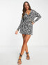 ASOS DESIGN textured long sleeve wrap mini dress with tortoise shell belt in mono zebra