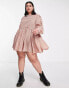 Фото #8 товара Daisy Street Plus mini smock dress in micro pink brown check