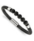 ფოტო #1 პროდუქტის Stainless Steel with Lava Stone Beads Black Leather Bracelet