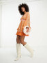 Фото #4 товара River Island embroidered ruffle hem mini beach dress with floaty sleeves in orange