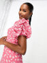 Фото #7 товара ASOS DESIGN Petite pie crust neck puff sleeve mini tea dress in pink ditsy print