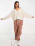 Фото #4 товара ASOS DESIGN premium chunky v neck oversized jumper in fluffy yarn in stone