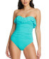 Bleu by Rod Beattie Shirred Ruffle Bandeau Mio One-Piece Swimsuit Blue Size 10