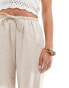 Bershka tie waist wide leg linen trousers in sand