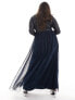 Maya Plus Bridesmaid long sleeve maxi tulle dress with tonal delicate sequin in navy