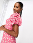 ASOS DESIGN Petite pie crust neck puff sleeve mini tea dress in pink ditsy print